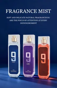 Detailed view of three 250ml long-lasting fragrance mist bottles in blue, purple and red.