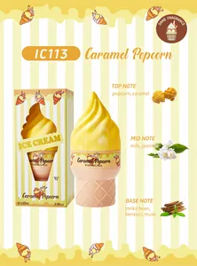 Dettaglio del flacone di profumo a forma di gelato al caramello e popcorn con confezione