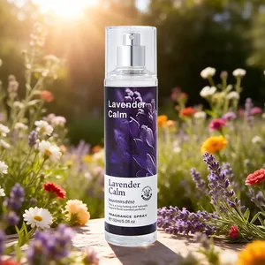 Lavender Calm floral fragrance body mist spray in 150ml bottle in a sunlit garden