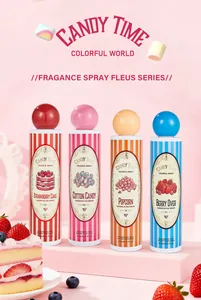 Set mit vier Candy Time Körper-Duftsprays im farbenfrohen gestreiften Verpackungsdesign