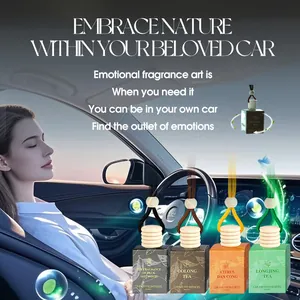 Hanging car air freshener glass bottles with tea scents and wooden caps set of four