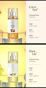 Detail view of fragrance notes for coconut and vanilla scented body spray mist.