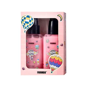 FORMBO fragrance spray and body lotion gift set in a pink box with balloon patterns