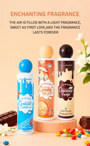 Three colorful dessert-themed fragrance mist bottles with candy and chocolate props