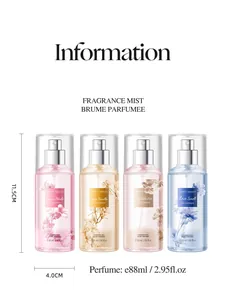 Detailed information view of four-piece 88ml women's perfume body mist set with bottle dimensions