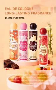 Set of four cute cartoon body spray perfumes with long-lasting sweet dessert scents.