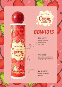 Detailed view of cherry scented fragrance body mist showing scent notes and product bottle