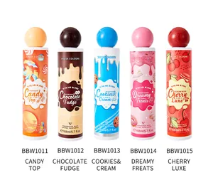 Five assorted gourmand fragrance mists with playful cartoon designs and sweet scents.