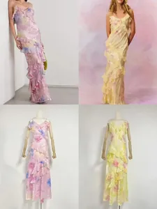 Elegant floral V-neck slip dress featuring irregular ruffles and a backless design