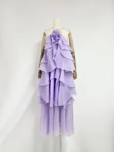 Elegant light purple French ruffled maxi dress featuring a 3D flower detail on a mannequin