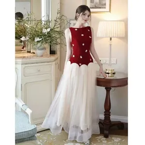 Elegant sleeveless cocktail dress with red velvet 3D flower bodice and white tulle skirt