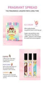 Detail view of ice cream themed perfume gift set with coffee popcorn and cookie scents
