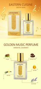 Vista dettagliata del profumo Golden Music con flacone da 30 ml e ingredienti principali
