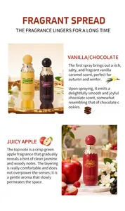 Detail of gourmet fragrance mist bottles with vanilla, chocolate, and apple scents