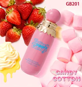 Detail of cotton candy hair and body fragrance mist in a pink 200ml bottle with fruit
