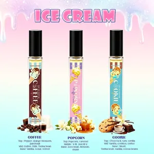 Set of three 10ml ice cream themed perfumes with coffee, popcorn, and cookie scents