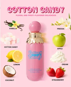 Detailed view of pink cotton candy fragrance mist surrounded by fruit scent ingredients.