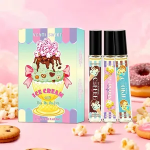 Sweet ice cream themed perfume gift set featuring coffee popcorn and cookie scents