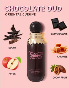 Detailed view of Chocolate Oud fragrance mist featuring gourmand scent notes like dark chocolate