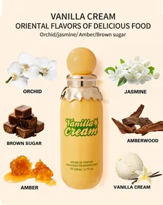 Detail view of Vanilla Cream fragrance mist with ingredient notes like orchid and amber.