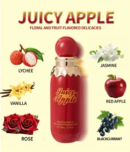 Detailed macro view showing scent notes of the red Juicy Apple fragrance mist bottle