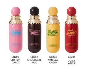 Detail of four variant fragrance mists: Cotton Candy, Chocolate Oud, Vanilla, and Juicy Apple