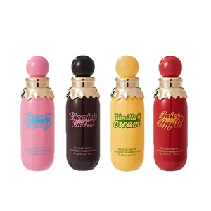 Set of four colorful gourmand hair and body fragrance mists in 200ml mist spray bottles.