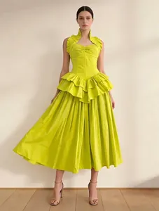 Elegant lime green halter midi dress featuring a corset bodice and layered ruffles