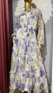 Elegant floral V-neck maxi dress with lantern sleeves and tiered skirt details