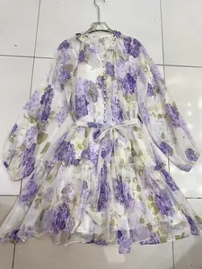 Elegant Women V-Neck Lantern Sleeve Patchwork Maxi Dress Floral Leopard Print Button Up Belted Bohemian Long Dress Polyester