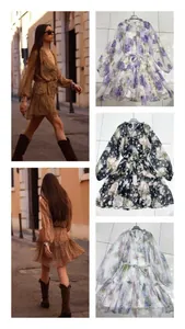 Detailed view of floral V-neck dresses with lantern sleeves, waist ties, and tiered skirts
