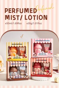 Detaillierte Ansicht von Parfüm-Spray- und Handcreme-Geschenksets im süßen Dessert-Design