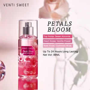 Detailed view of floral fragrance mist with scent notes: Sweet Almonds, Vanilla, Musk.