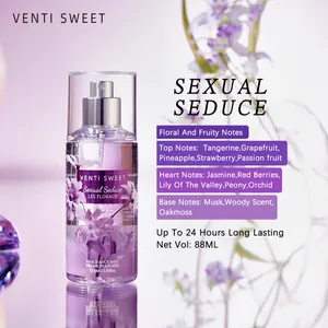 Detail view of the floral and fruity scent notes for VENTI SWEET women's fragrance mist