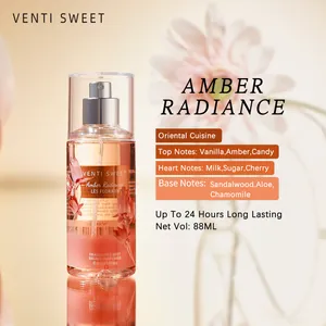 Close-up of Amber Radiance fragrance mist showing scent notes and elegant bottle design.