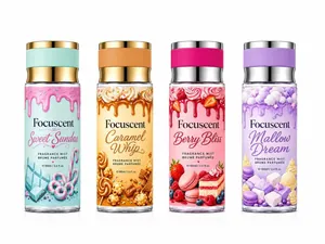 Detailansicht von vier Focuscent Gourmet-Düften mit bunten Dessert-Illustrationen