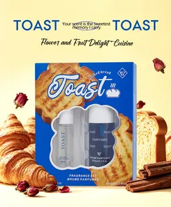 Detailed view of gourmet toast fragrance gift set with 60ml and 10ml perfume sprays.