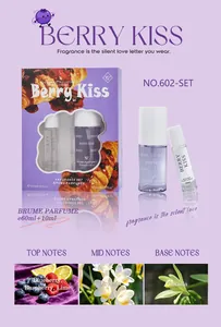 Berry Kiss fragrance set details featuring 60ml spray, 10ml bottle and scent notes