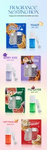 Detail of gourmet fragrance nesting box sets with 60ml mist and 10ml oil variants