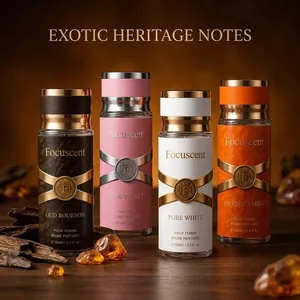 Gros plan sur quatre parfums arabes Focuscent aux notes exotiques variées