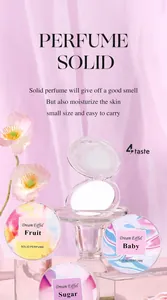 Close-up of portable solid perfume balms featuring Fruit and Baby scent labels