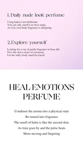 Description of portable solid perfume balm featuring subtle nude look and healing scents