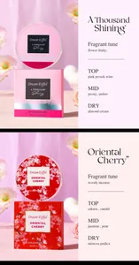 Detailed view of Dream Eiffel solid perfume fragrance notes in pink and red packaging.