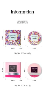 Detailed size dimensions and net weight specifications for Dream Eiffel solid perfumes