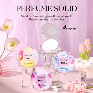 Elegant solid perfume balm set with fruit and floral scents in pink floral setting.