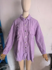 Women's purple oversized distressed denim jacket with ripped details and frayed edges