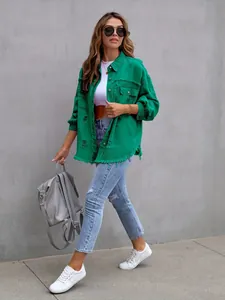 Fashionable green distressed denim jacket for women with loose street style fit
