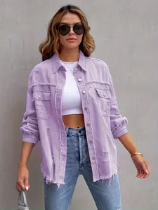 Fashionable lavender distressed denim jacket for women with ripped details and oversized fit