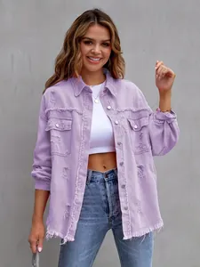 Close-up of a women's distressed lavender denim jacket with frayed edges and loose fit.