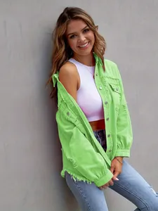 Stylish women's oversized lime green denim jacket with distressed frayed edges.